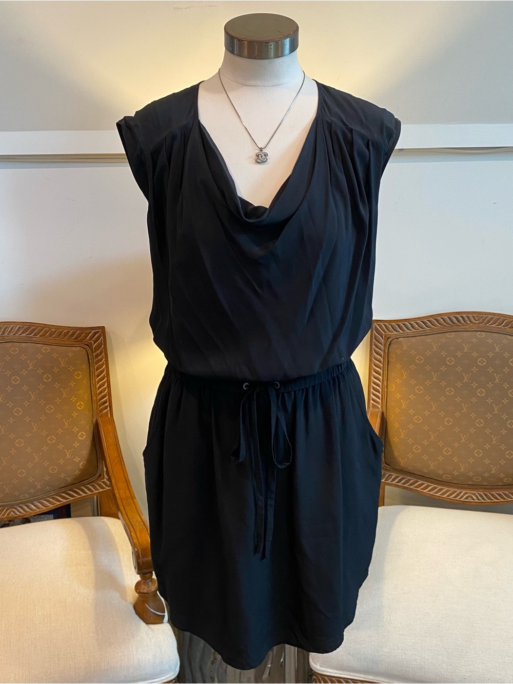 Trouve Black Silk Cowl-Neck Mini Dress with Drawstring Waist and Pockets, XS
